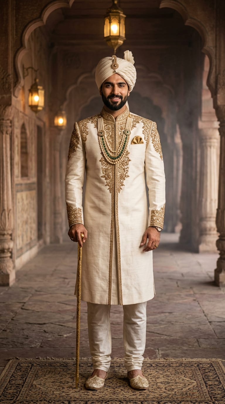 Royal Invory Gold Embroidered Sherwani