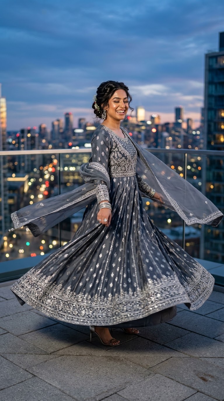 Charcoal Metalic Twirl. Anarkali