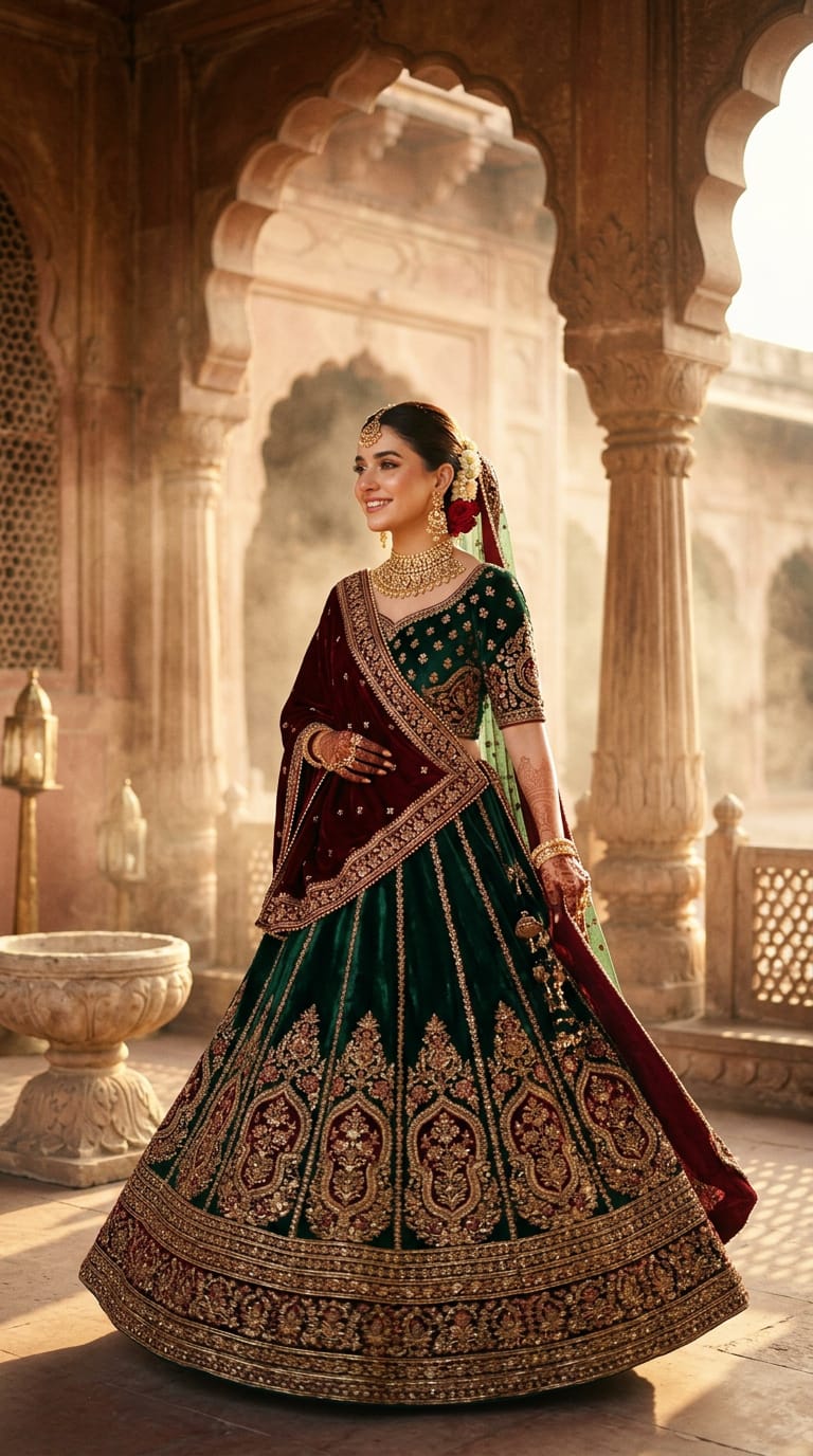 Emerald Royal valvet Hand Embroidered lehenga