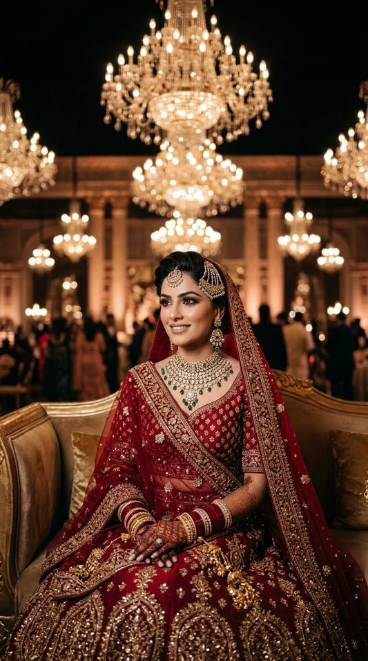 Royal crimson Hand-Embroidered valvet Bridal Lehenga