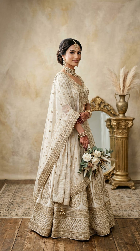 Elgent. Invory & Antique Gold Embroided. Lehenga