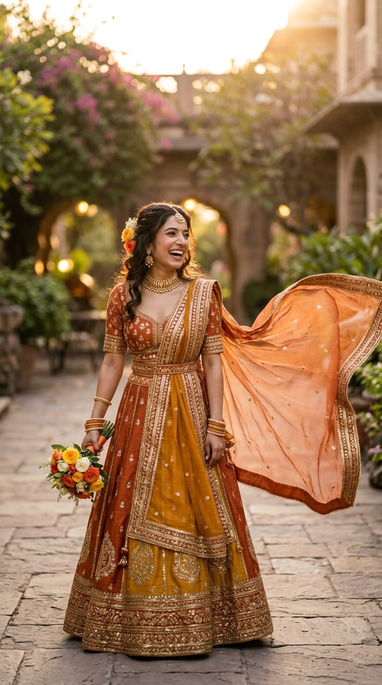Rust Amber Zardozi Embroidered silk Lehenga