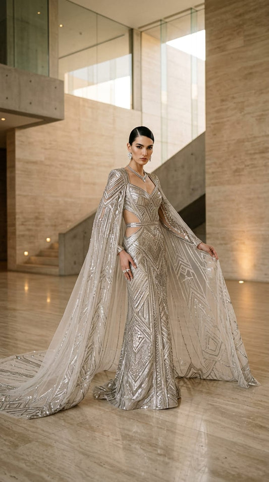 Silver Geomatric Sequined cut _Out cape Gown