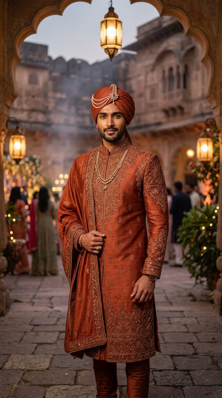 Rust zari Embroidered sherwani with Shawl