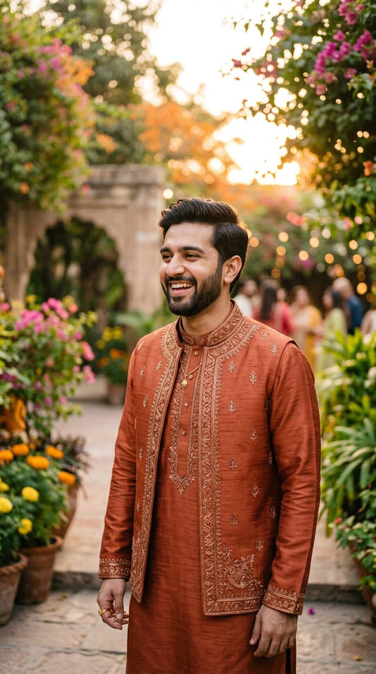Rust silk open -Jacket Kurta set