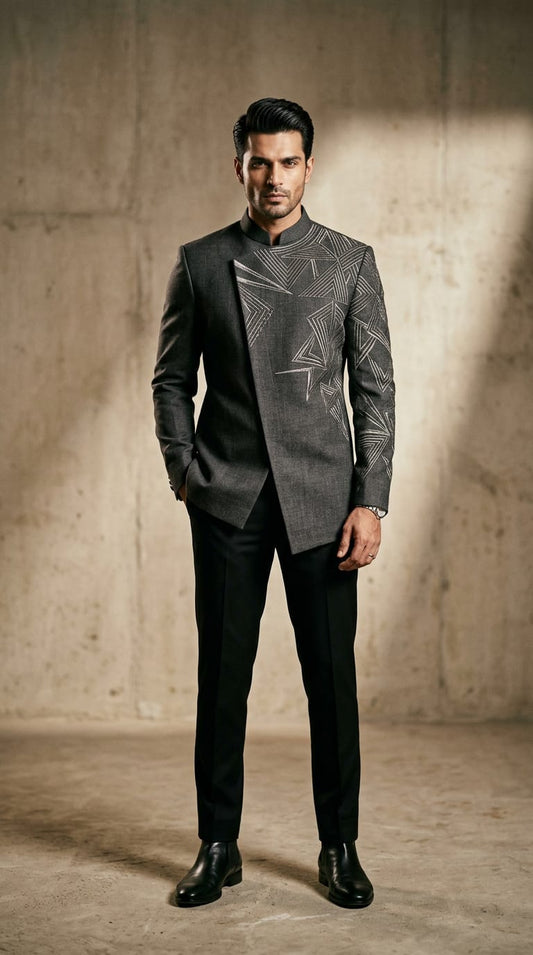 Charcoal Geometric Asymmetric indo-westren coat