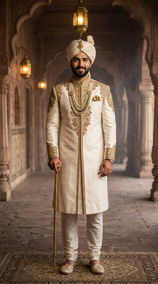 Royal Invory Gold Embroidered Sherwani