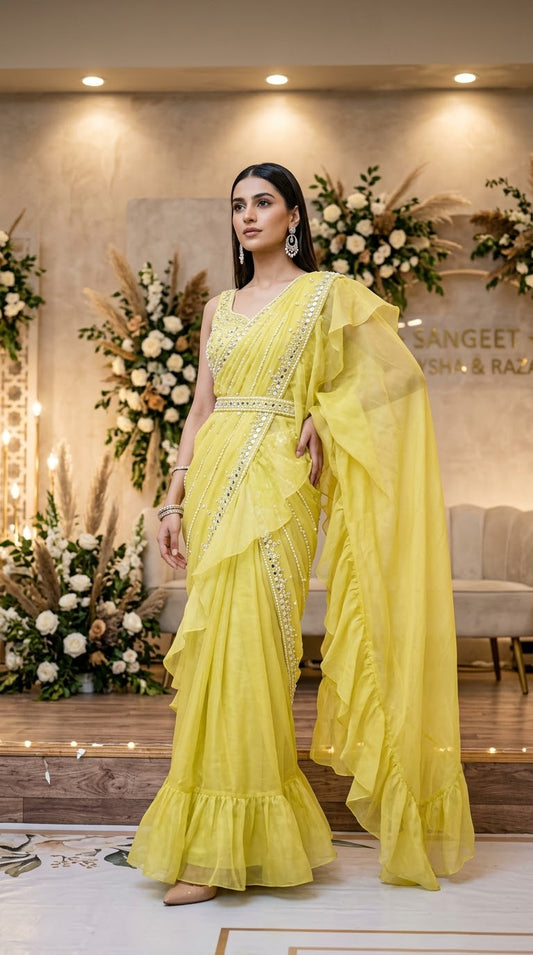 Sunflower R us ffles Saree yah Lime organza Saree set