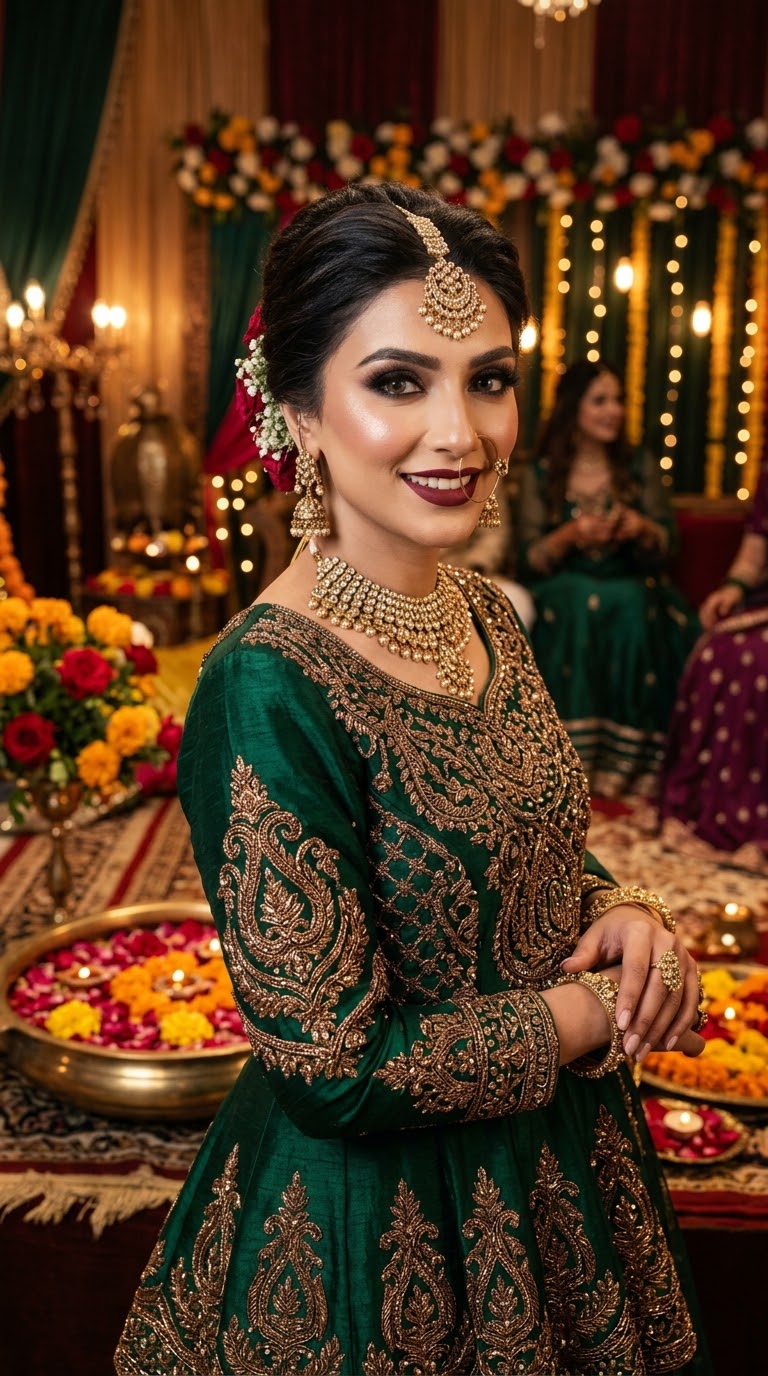 Emerald Embroidered Anarkali. Royal Green Mehndi Frok