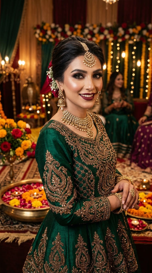 Emerald Embroidered Anarkali. Royal Green Mehndi Frok