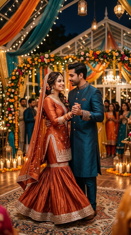 Rust Gharara set (Her) & Teal Price Kurta (Him)