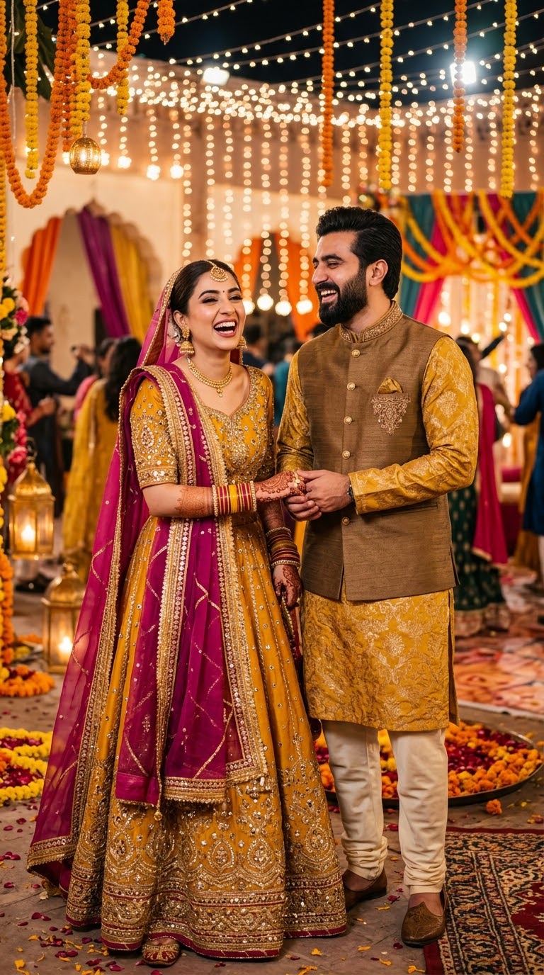 Mustard Zardosi Lehnga set & Olive Waistcoat set
