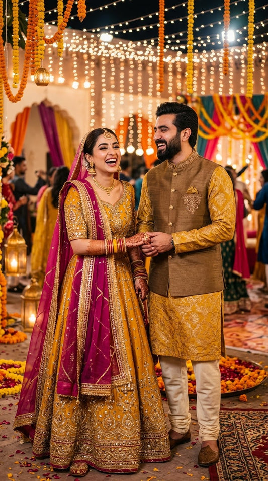 Mustard Zardosi Lehnga set & Olive Waistcoat set