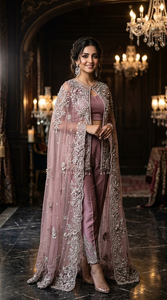 Dusty Rose Embelished Cape set