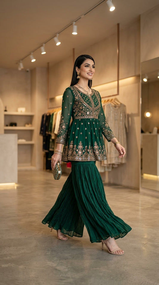 Emerald mirror-work peplum sharara