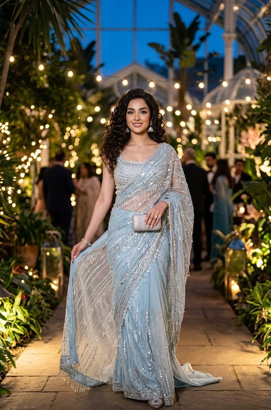 Ice Blue Giltz sequin. Saree