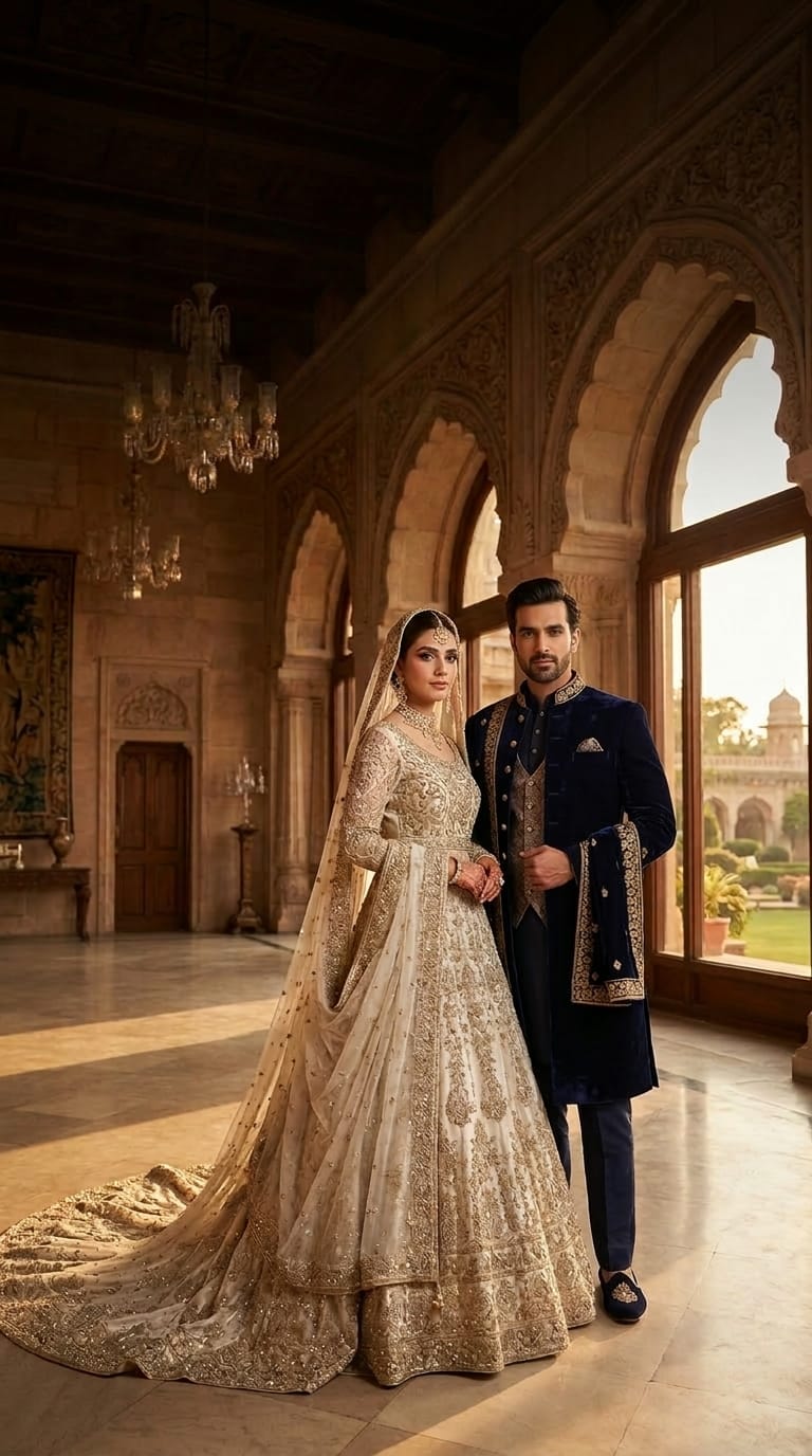 Invory Heritage Bridal Lehenga & Royal valvet. Groom set
